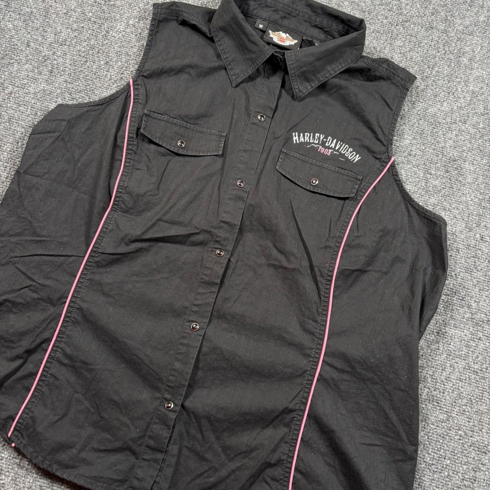 Harley Davidson Sleeveless Button Up Women 1W Black Pink Pinstripe Snap Shirt